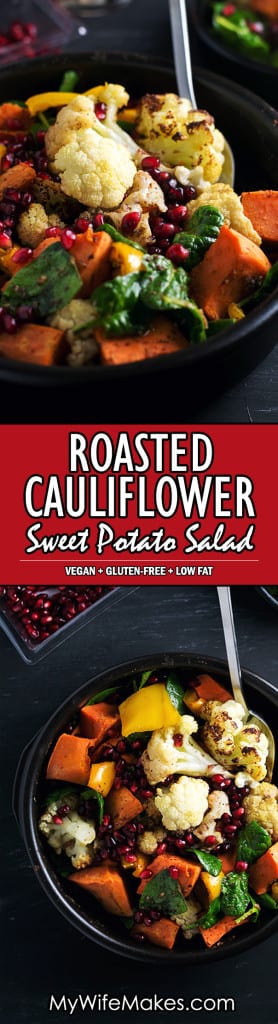 Roasted Cauliflower and Sweet Potato Salad with Cumin Sumac Dressing #simple #sumac #cumin #cauliflower #sweetpotato #vegan #salad #healthy #pomegranate #rainbow #lowfat
