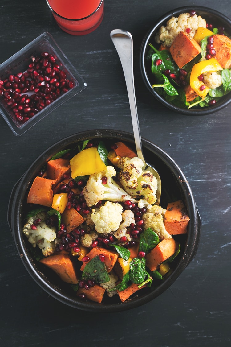 Roasted Cauliflower and Sweet Potato Salad with Cumin Sumac Dressing #sumac #cumin #cauliflower #sweetpotato #vegan #salad #healthy #pomegranate #rainbow #lowfat